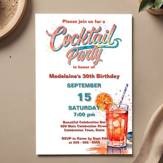 ターコイズ&コーラル リフレッシング ウォーターカラー カクテルパーティー 招待状