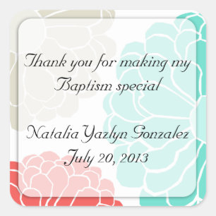 ターコイズ&コーラル《植物》百日草フラワーステッカー スクエアシール