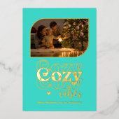 ターコイズ&ゴールドのほっこりレトロクリスマスフォト 箔シーズンカード (正面)