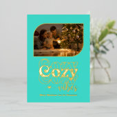 ターコイズ&ゴールドのほっこりレトロクリスマスフォト 箔シーズンカード (立ち正面)