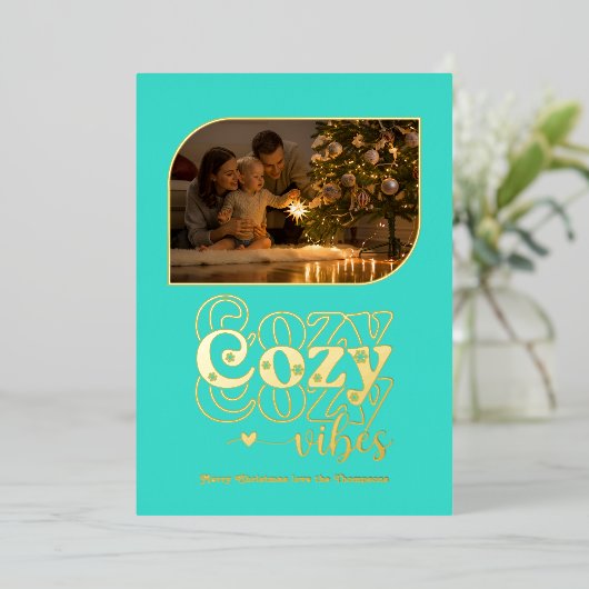 ターコイズ&ゴールドのほっこりレトロクリスマスフォト 箔シーズンカード (立ち正面)