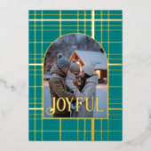 ターコイズ＆ゴールドのギンガムチェックのクリスマスホリデー写真 箔シーズンカード (正面)