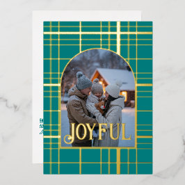 ターコイズ＆ゴールドのギンガムチェックのクリスマスホリデー写真 箔シーズンカード