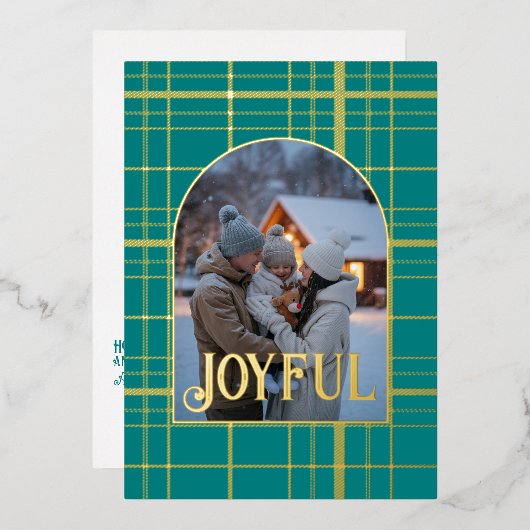ターコイズ＆ゴールドのギンガムチェックのクリスマスホリデー写真 箔シーズンカード (正面/裏面)
