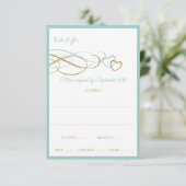 ターコイズ&ゴールドのハートの結婚式返信カード 出欠カード (スタンド正面)