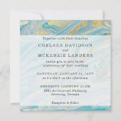 ターコイズ＆ゴールド マーブル スワール アゲート ジオード ウェディング 招待状 (正面)