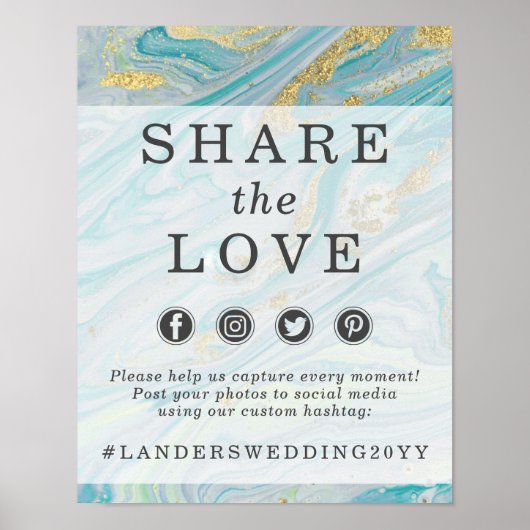 ターコイズ＆ゴールド マーブル 結婚式 ハッシュタグ フォトサイン ポスター (正面)