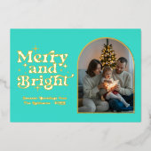 ターコイズ＆ゴールド モダン レトロ クリスマス フォト 箔シーズンカード (正面)