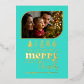 ターコイズ & ゴールド レトロ ドゥードル クリスマス フォト 箔シーズンカード (正面)