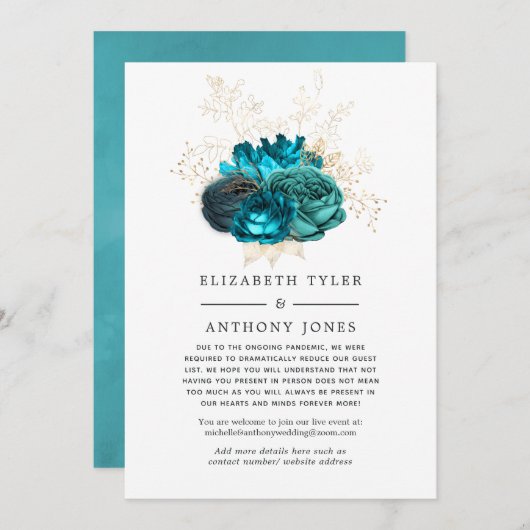 ターコイズ&ゴールド ヴィンテージ フラワー 縮小ゲストリスト 案内状 (正面/裏面)