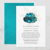 ターコイズ & ゴールド ヴィンテージ フラワー 縮小 ゲストリスト 案内状 (正面/裏面)