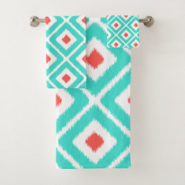 ターコイズ、サンゴ、白イカットダイヤモンド バスタオルセット