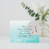 ターコイズ  サンドダラー テーマの結婚式 Save the Date 案内ポストカード (スタンド正面)