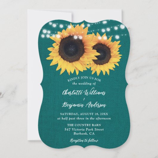 ターコイズ サンフラワー バルコニー ハート イルミネーション ウェディング 招待状 (正面)