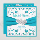 ターコイズ、シルバーのラブハート ブライダルシャワー 招待状 (正面/裏面)