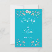 ターコイズ、シルバーラブハートウェディングRSVPカード 招待状 (裏面)