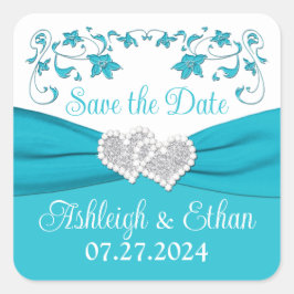ターコイズ、シルバーラブハート結婚ズステッカー スクエアシール