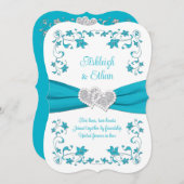 ターコイズ、シルバーラブハート結婚式招待状 招待状 (正面/裏面)