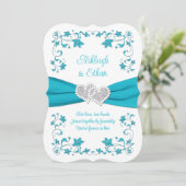 ターコイズ、シルバーラブハート結婚式招待状 招待状 (スタンド正面)