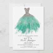 ターコイズ & シルバー グリッター グラム ドレス ブライダル シャワー 招待状 (正面)