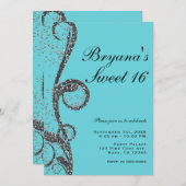 ターコイズ シルバー グリッター スワール スイート 16 誕生日パーティー 招待状 (正面/裏面)