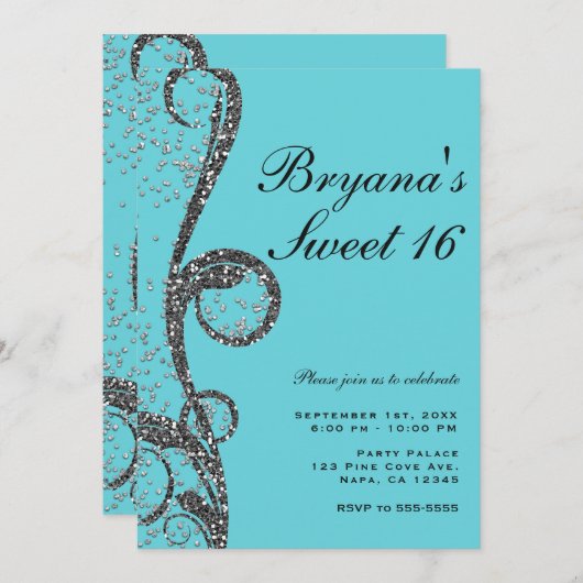 ターコイズ シルバー グリッター スワール スイート 16 誕生日パーティー 招待状 (正面/裏面)