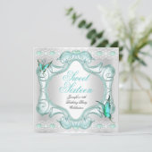 ターコイズ スウィート16 16 パーティー ホワイト バタフライ 招待状 (スタンド正面)