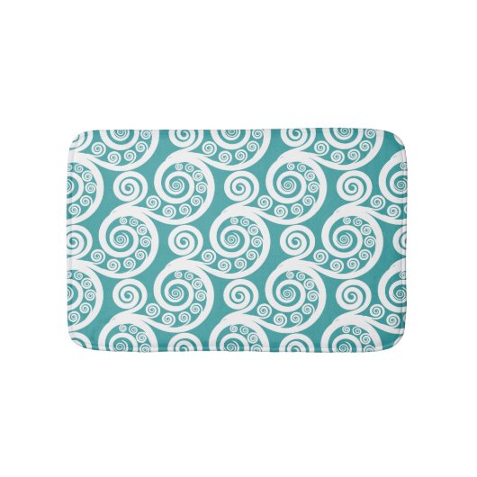 ターコイズ&スタイリッシュホワイトファーンリーフカール渦巻き バスマット (正面)