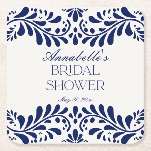 ターコイズ タラベラ タイル スペイン フィエスタ ブライダル シャワー スクエアペーパーコースター (正面)