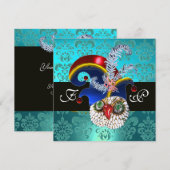 ターコイズ ダマスク、ジュエル オウル、エルフ ハット、ダイヤモンド フェザーズ 招待状 (正面/裏面)