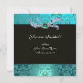 ターコイズ ダマスク、ジュエル オウル、エルフ ハット、ダイヤモンド フェザーズ 招待状 (裏面)