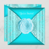 ターコイズ ダマスク ローズ ターコイズブルー どんなシーンにも 招待状 (正面/裏面)