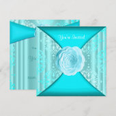 ターコイズ ダマスク ローズ ターコイズブルー  オールオケージョン 招待状 (正面/裏面)