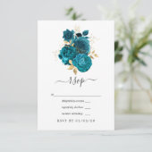 ターコイズ - ティールとゴールドの花のウェディング 出欠カード (スタンド正面)