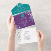 ターコイズ ティールとパープルの結婚式 オールインワン招待状 (貼ってはがせる)