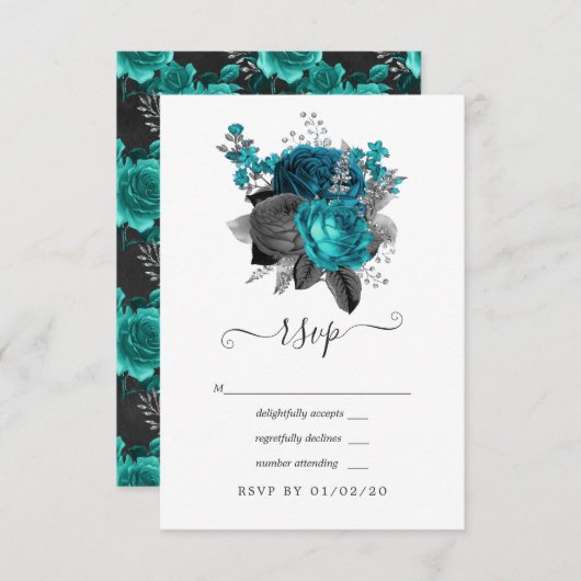 ターコイズ - ティール ブラック シルバー フラワー ウェディング 出欠カード (正面/裏面)