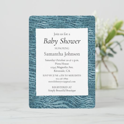 ターコイズ ティール ブルー グリッター ゼブラ プリント 招待状 (スタンド正面)