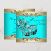 ターコイズ ティール ブルー マスカレード パーティー 招待状 (正面/裏面)