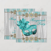 ターコイズ ティール ブルー マスカレード パーティー 招待状 (正面/裏面)