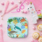 ターコイズ ティール 亜海 オーシャン カメ コーラル ペーパープレート (パーティー)