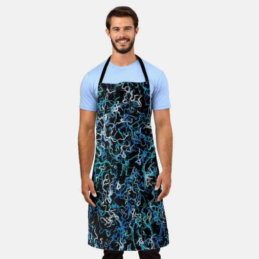 ターコイズ、ティール(緑がかった色)、および黒抽象芸術 エプロン (着用した状態)