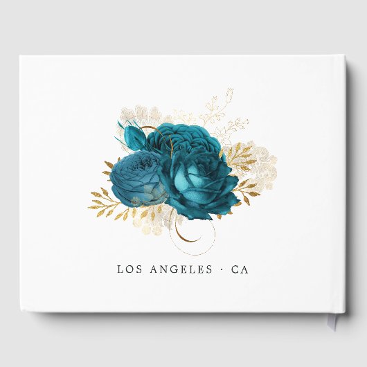 ターコイズ-ティール（緑がかった色）と金ゴールドのフローラ結婚の ゲストブック (裏面)