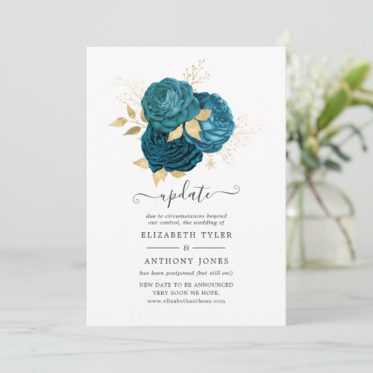 ターコイズ-ティール（緑がかった色）と金ゴールドの結婚フローラの更新 招待状 (スタンド正面)