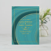 ターコイズ-ティール(緑がかった色)と金ゴールドアゲ結婚ートのフォイルの招待 箔招待状 (立ち正面)
