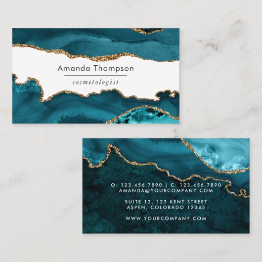 ターコイズ-ティール(緑がかった色)と金ゴールドジオードアゲートストーン 名刺 (正面/裏面)