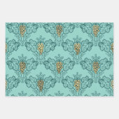 ターコイズ-ティール(緑がかった色)と金ゴールドパリアールデコワイン ラッピングペーパーシート (正面2)