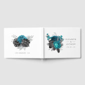 ターコイズ-ティール(緑がかった色)ブラックとシルバーのフローラ結婚 ゲストブック (全面)