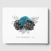 ターコイズ-ティール(緑がかった色)ブラックとシルバーのフローラ結婚 ゲストブック (裏面)