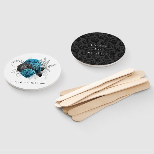 ターコイズ-ティール（緑がかった色）ブラックとシルバーのフローラ結婚 ハンドファン (組立なし)