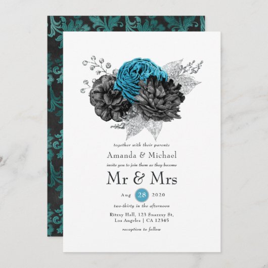 ターコイズ-ティール(緑がかった色)ブラックとシルバーのフローラ結婚 招待状 (正面/裏面)